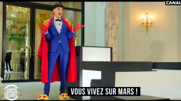 Nuno Roque presents the Gros Journal on Canal+ live from his house (Peninsula Paris) - emoji pyjama and slippers - moustache