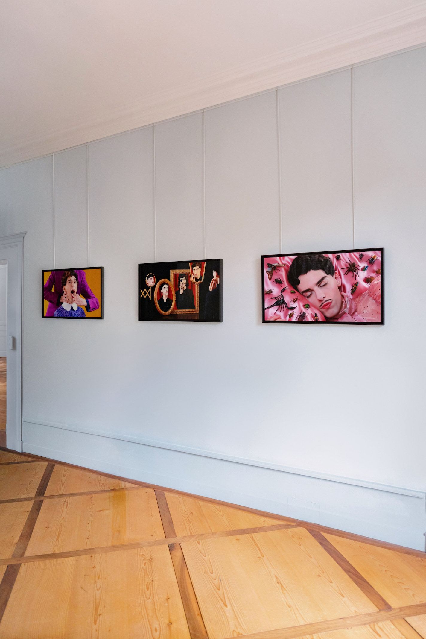 View of the exhibition Prix Voltaire de la Photographie, 2021. Nuno Roque - « Pupil & Master (with The Boy and The Joker) », « Self-Reflections (with The Villain, The Prince, The Joker and The Boy) », « Haters (with The Prince) » at Château de Voltaire, Ferney-Voltaire, France.